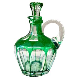 19th Century Green Overlay Crystal Decanter with Faceted Handle