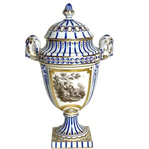 19th Century Paris Porcelain Lidded Urn with Blue, Gold & Sepia Decoration