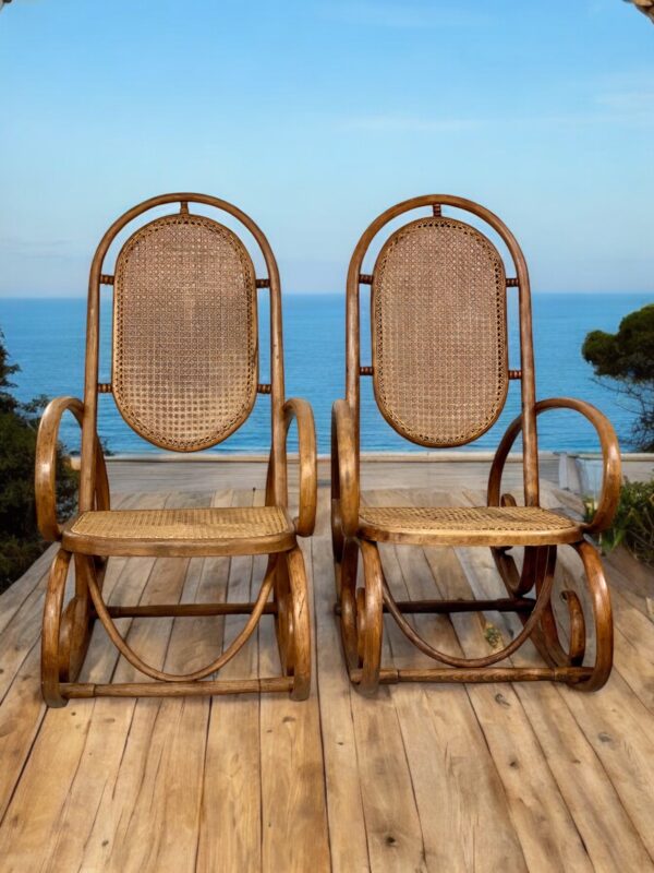 19th Century Rare Pair of Beechwood and Cane Rocking Chairs