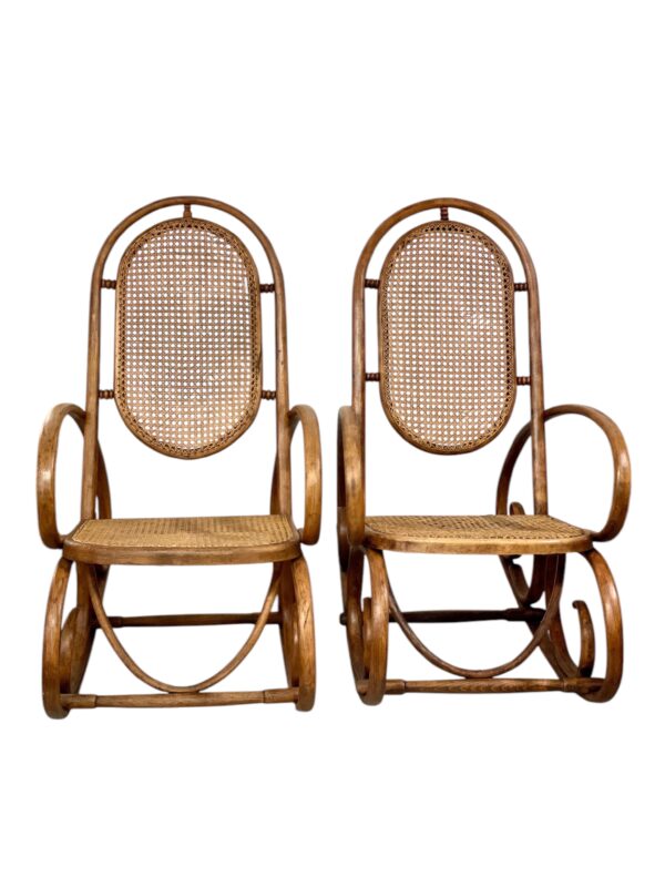 19th Century Rare Pair of Beechwood and Cane Rocking Chairs