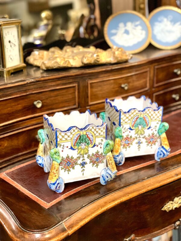 Pair of 19th Century Montagnon Polychrome Faience Cache-Pots from Nevers