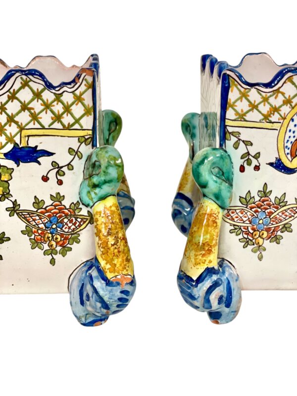 Pair of 19th Century Montagnon Polychrome Faience Cache-Pots from Nevers - Image 9