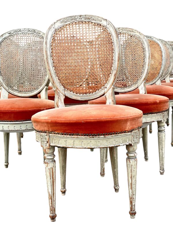 Rare Set of 14 Louis XVI Period Dining Chairs with Cane Back and Velvet Seats - Image 13