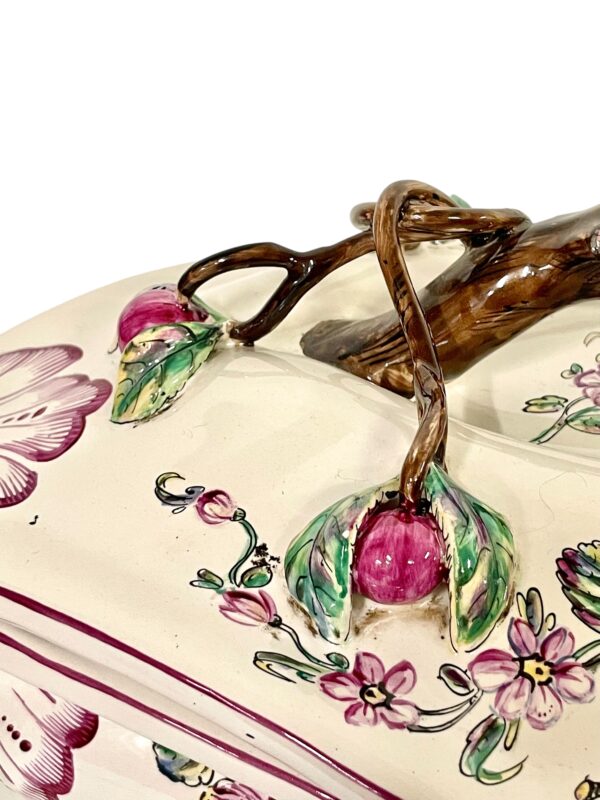19th Century Faience Soup Tureen with Lid & Platter, Hand-Painted