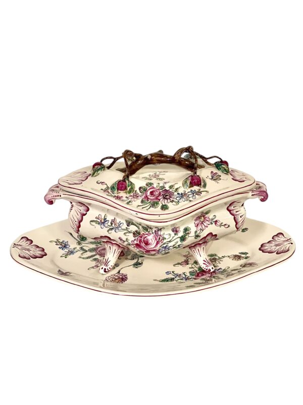 19th Century Faience Soup Tureen with Lid & Platter, Hand-Painted