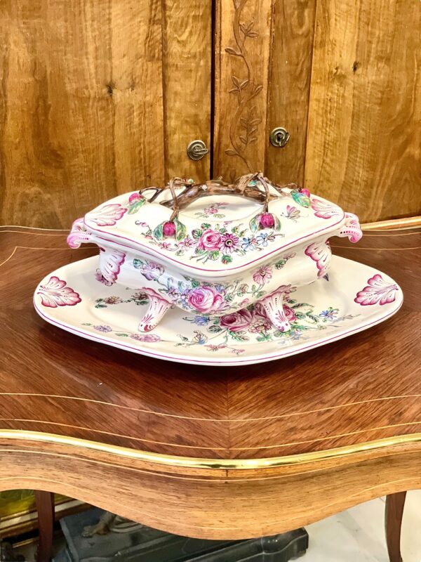 19th Century Faience Soup Tureen with Lid & Platter, Hand-Painted