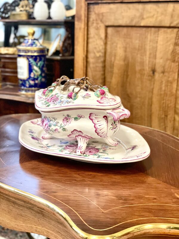 19th Century Faience Soup Tureen with Lid & Platter, Hand-Painted