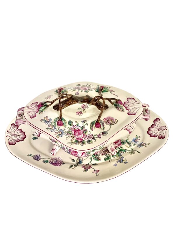 19th Century Faience Soup Tureen with Lid & Platter, Hand-Painted