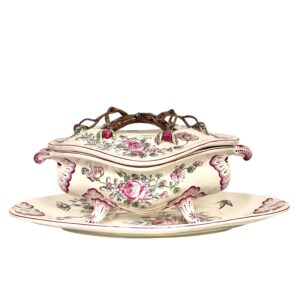 19th Century Faience Soup Tureen with Lid & Platter, Hand-Painted