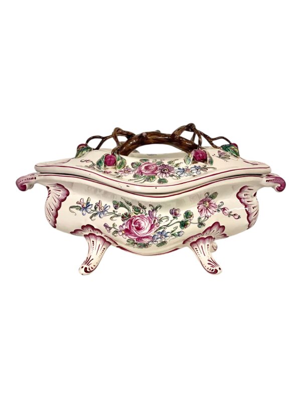 19th Century Faience Soup Tureen with Lid & Platter, Hand-Painted