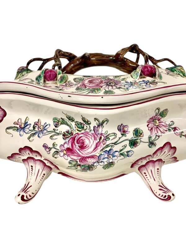 19th Century Faience Soup Tureen with Lid & Platter, Hand-Painted