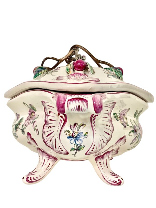19th Century Faience Soup Tureen with Lid & Platter, Hand-Painted
