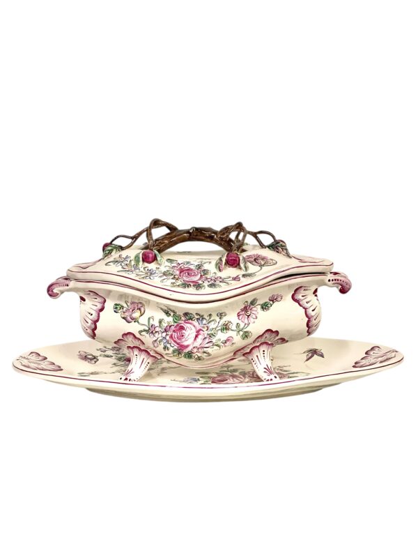 19th Century Faience Soup Tureen with Lid & Platter, Hand-Painted