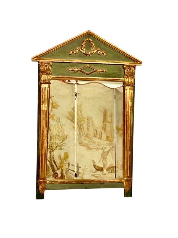 19th Century Empire Mirror with Pediment and Painted Scenic Panel