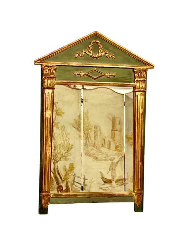 19th Century French Empire Mirror with Pediment and Painted Scenic Panel - Image 11