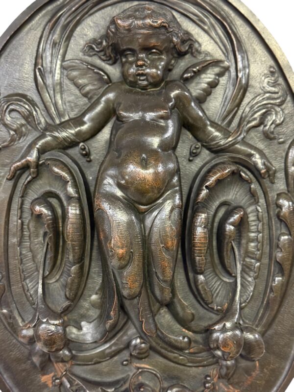 19th Century French Bronze Plaque with Winged Putto and Acanthus