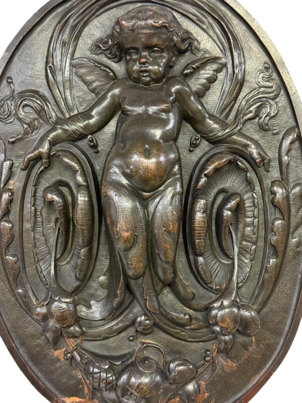 19th Century French Bronze Plaque with Winged Putto and Acanthus - Image 14