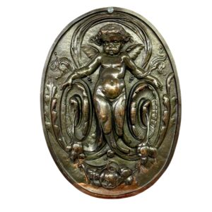 19th Century French Bronze Plaque with Winged Putto and Acanthus