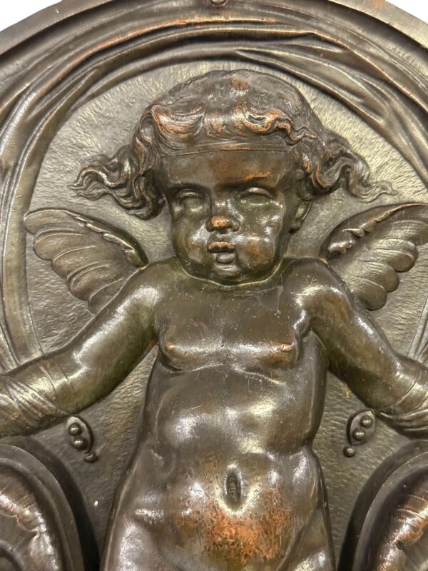19th Century French Bronze Plaque with Winged Putto and Acanthus