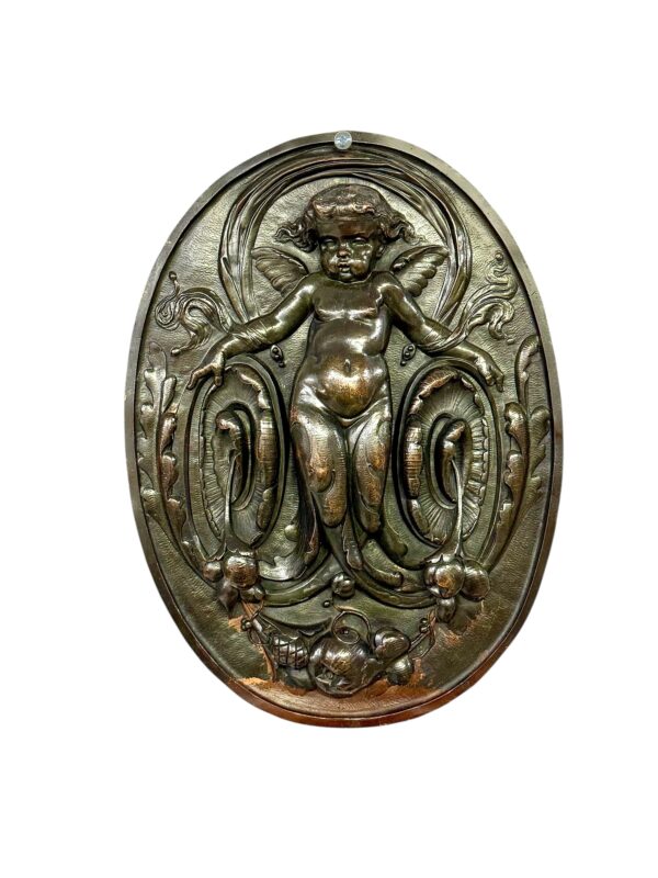 19th Century French Bronze Plaque with Winged Putto and Acanthus