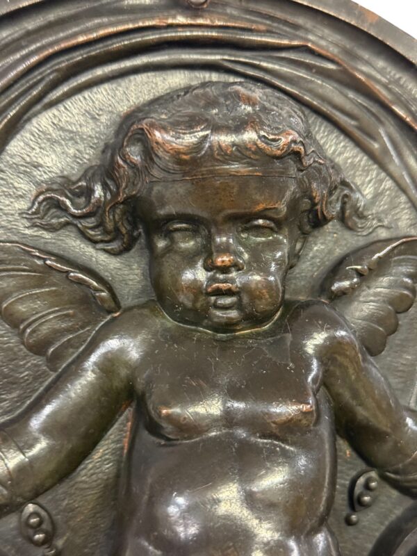 19th Century French Bronze Plaque with Winged Putto and Acanthus