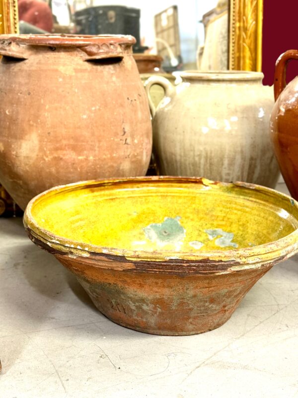 19th Century Large French Terracotta Bowl with Yellow Rustic Patina - Image 17