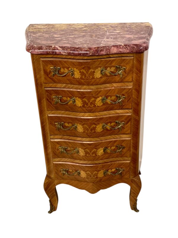 Louis XV Style Marquetry Chiffonnier with Pink Marble Top and Ormolu Mounts