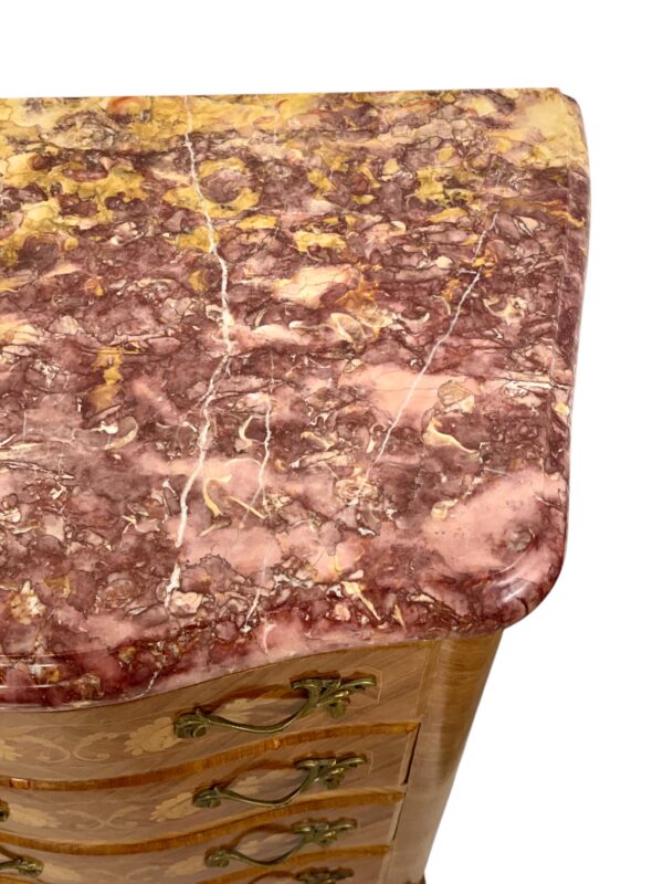 Louis XV Style Marquetry Chiffonnier with Pink Marble Top and Ormolu Mounts
