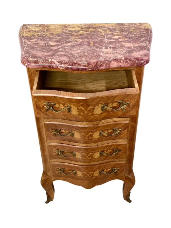 Louis XV Style Marquetry Chiffonnier with Pink Marble Top and Ormolu Mounts
