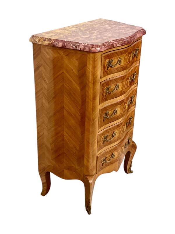 Louis XV Style Marquetry Chiffonnier with Pink Marble Top and Ormolu Mounts - Image 3