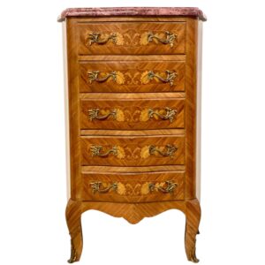 Louis XV Style Marquetry Chiffonnier with Pink Marble Top and Ormolu Mounts
