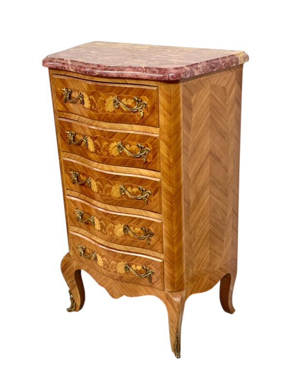 Louis XV Style Marquetry Chiffonnier with Pink Marble Top and Ormolu Mounts - Image 6