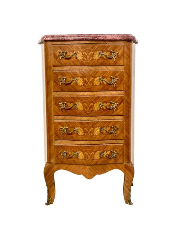 Louis XV Style Marquetry Chiffonnier with Pink Marble Top and Ormolu Mounts