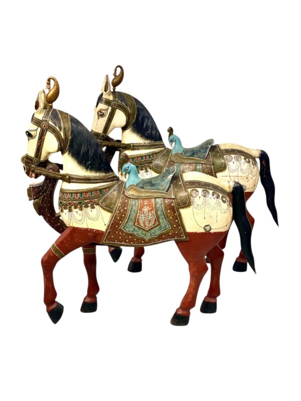 Pair of Large Hand-Painted Indian Horses with Peacock Saddles - Image 4