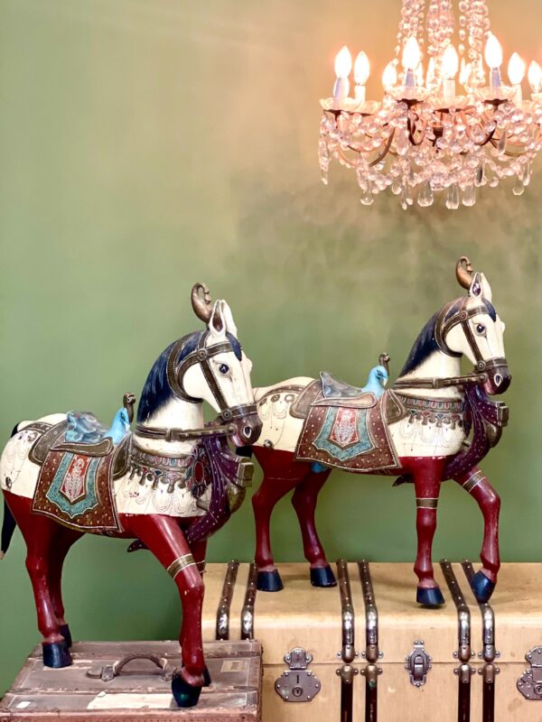 Pair of Large Hand-Painted Indian Horses with Peacock Saddles - Image 2