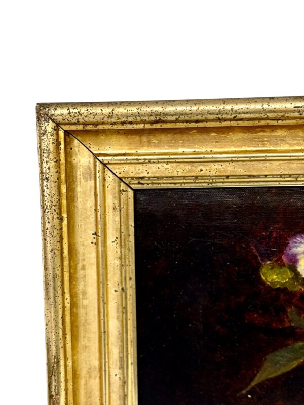 19th Century Oil Painting of Pansies in Glass Vase with Giltwood Frame