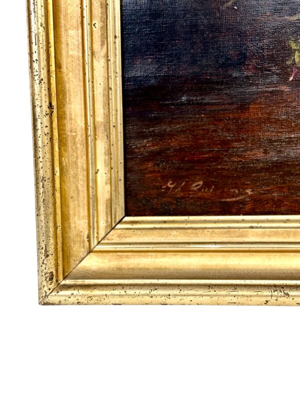 19th Century Oil Painting of Pansies in Glass Vase with Giltwood Frame