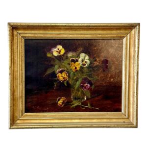 19th Century Oil Painting of Pansies in Glass Vase with Giltwood Frame