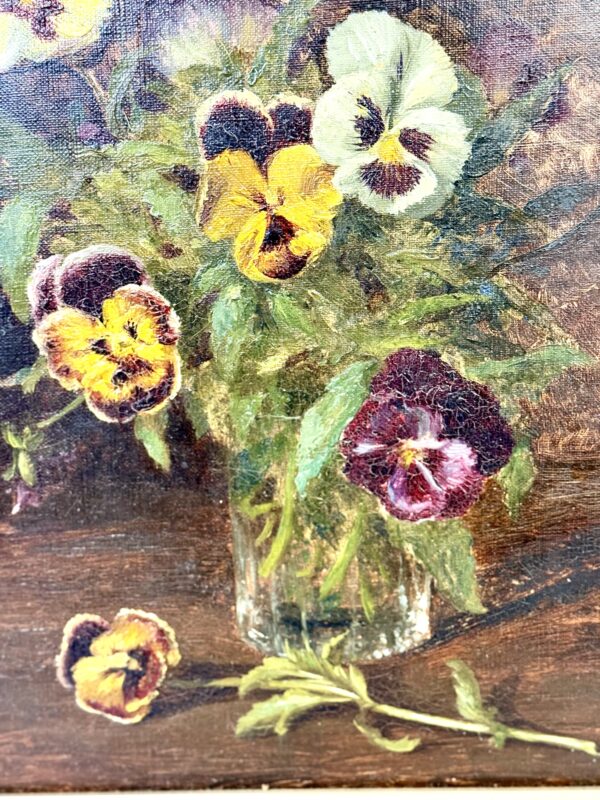 19th Century Oil Painting of Pansies in Glass Vase with Giltwood Frame - Image 3