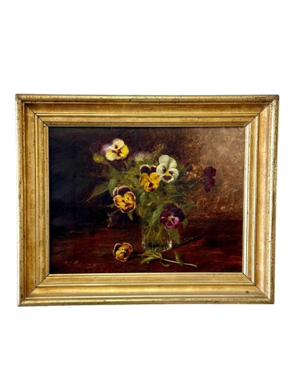 19th Century Oil Painting of Pansies in Glass Vase with Giltwood Frame