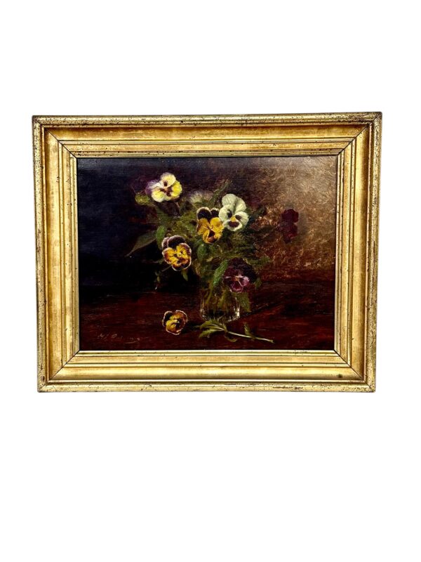 19th Century Oil Painting of Pansies in Glass Vase with Giltwood Frame
