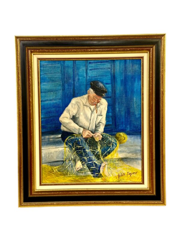 Oil on Canvas in a Giltwood Frame "Fisherman with Nets" by Juliette Daziano
