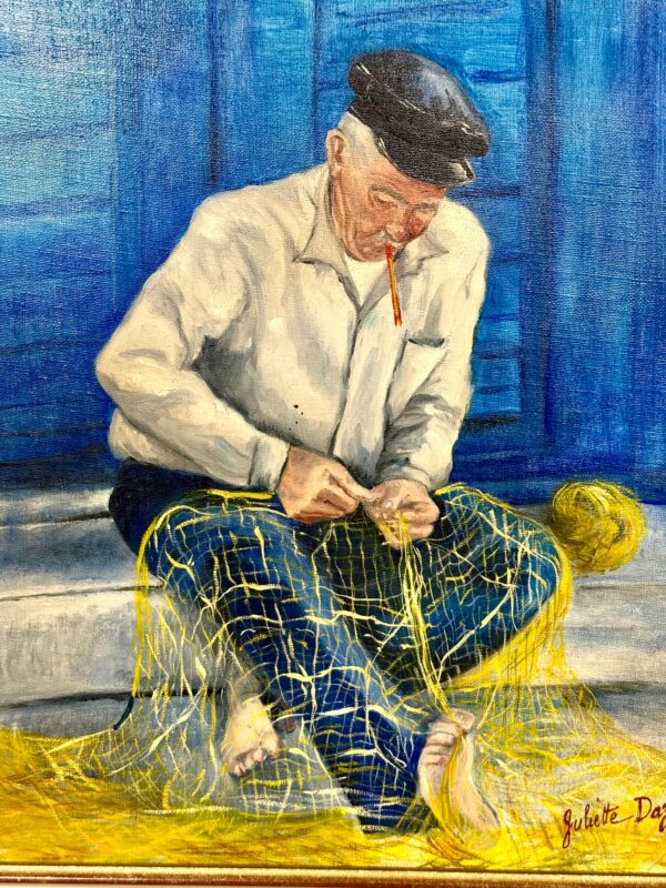 Oil on Canvas in a Giltwood Frame "Fisherman with Nets" by Juliette Daziano