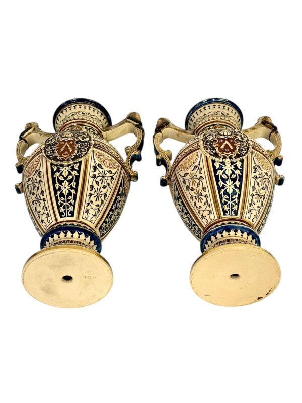 Pair of 19th Century Renaissance Revival Faience Vases with Heraldic Crests