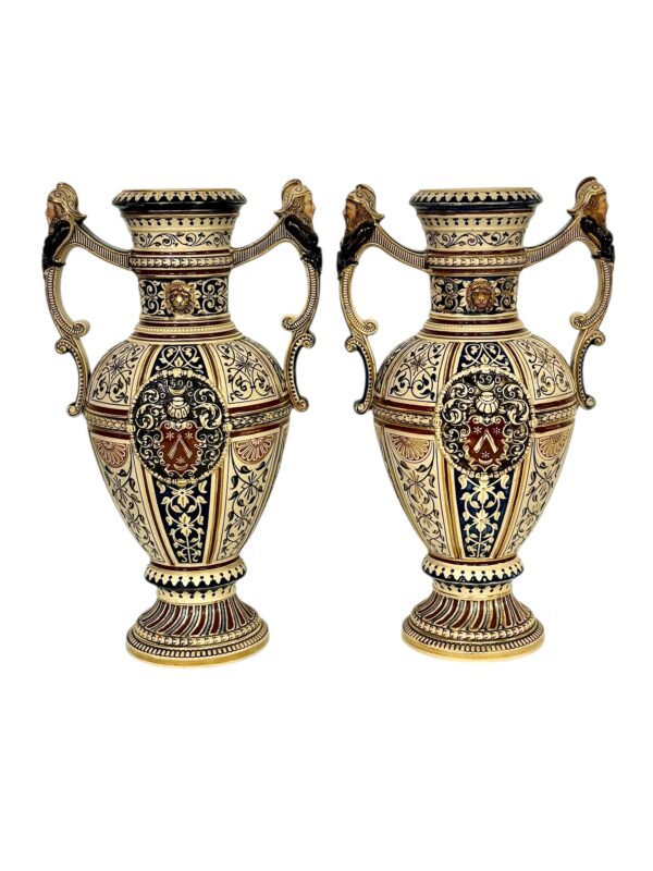 Pair of 19th Century Renaissance Revival Faience Vases with Heraldic Crests