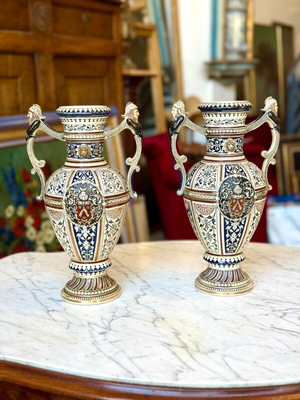 Pair of 19th Century Renaissance Revival Faience Vases with Heraldic Crests