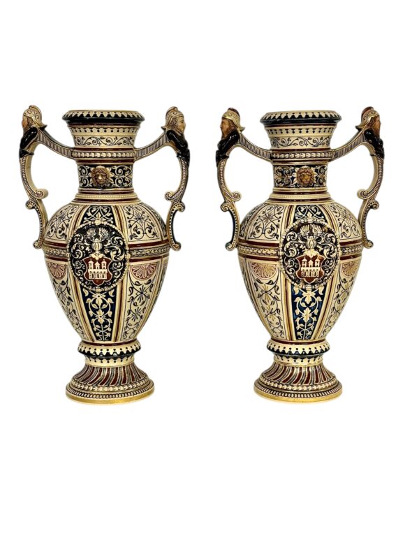 Pair of 19th Century Renaissance Revival Faience Vases with Heraldic Crests
