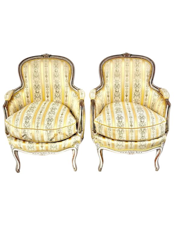 Pair of 19th c. French Louis XVI Style Bergères with Silk Blend Satin Upholstery