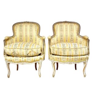 Pair of 19th c. French Louis XVI Style Bergères with Silk Blend Satin Upholstery