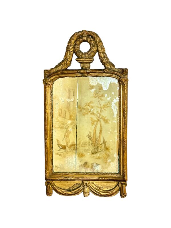 18th Century Louis XVI Giltwood Mirror with Laurel Crest and Draped Base